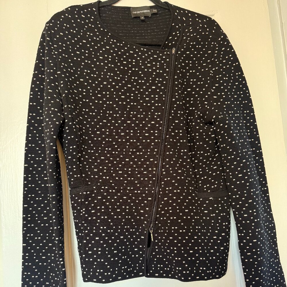 Emporio Armani Textured Knit Asymmetric Zip Jacket – Black/White, Size 48 (US 12